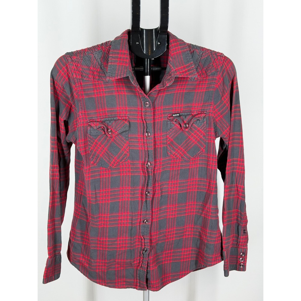 Hurley Womens Red Grey Plaid Flannel Button Down Shirt Quilted Western Yoke M